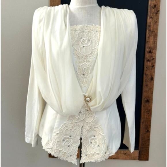 Vintage 80s Zeeba NY Lace Embroidered Formal Jacket Structured Shoulders Size 6 - Picture 4 of 16